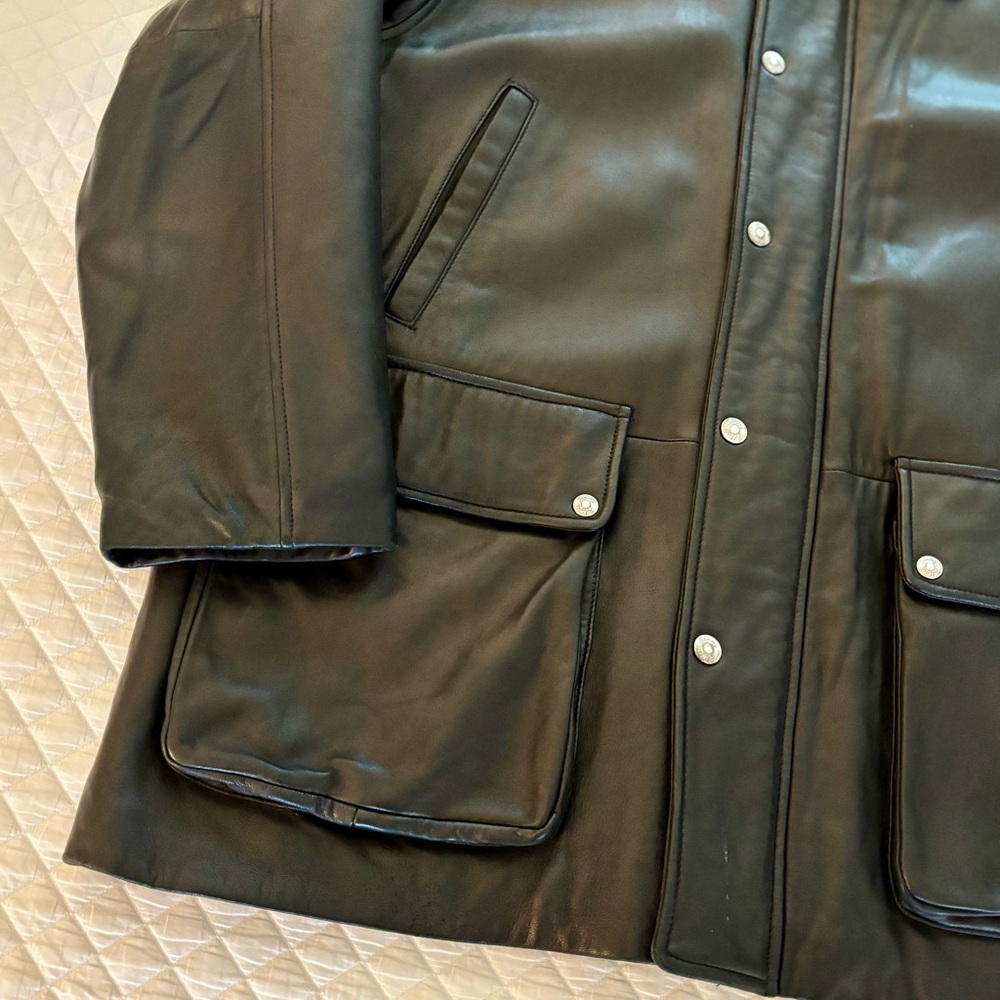 Vintage Tommy Hilfiger Black Leather Bomber Jacket Coat Shearling Collar Mens XL - Picture 3 of 16